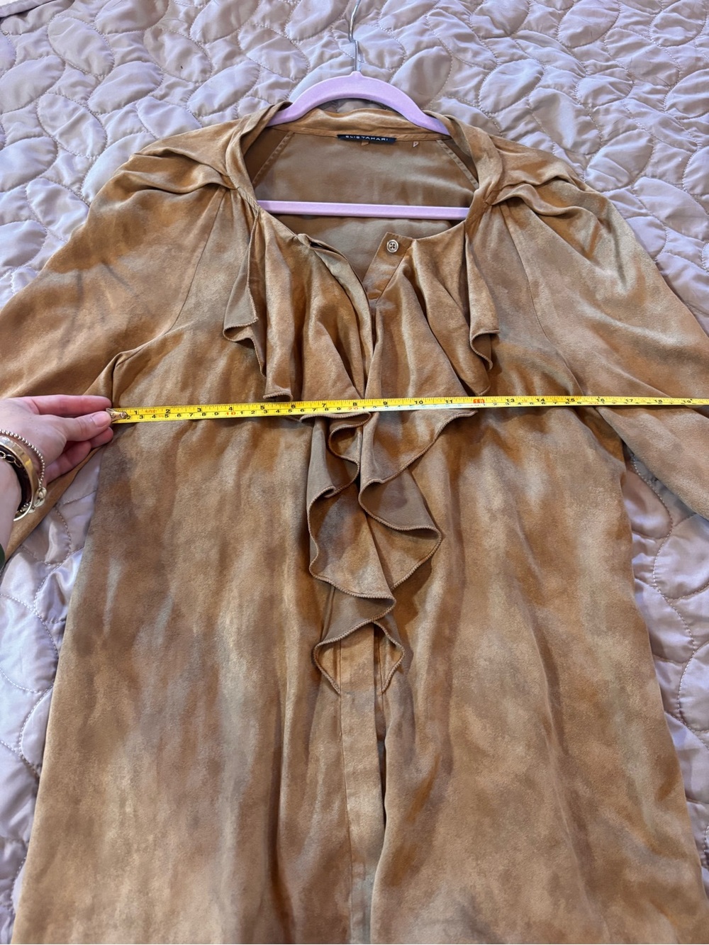 Elie Tahari Camel Ruffle Front V-Neck Blouse (fake suede)